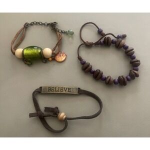 Lot of 3 Bracelets Cord Adjustable Beads Glass Leather Purple Green Breathe